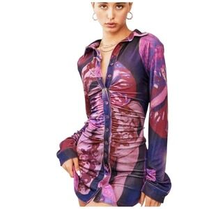 With Jean Flamboyant Anthurium Button Up Collar Floral Fitted Mini Andy Dress M